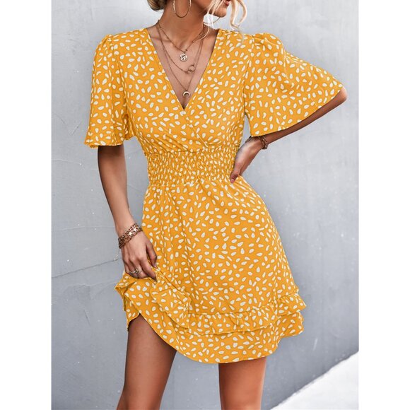 Beach Boho Maui - Printed Smocked Waist Layered Surplice Dress - Mustard - Picture 6 of 6